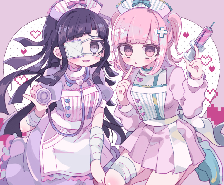 2girls aeruusa apron bandage black_hair blush dangan-ronpa_2 eyepatch heart lolita_fashion long_hair nanami_chiaki new_dangan-ronpa_v3 nurse pink_eyes pink_hair purple_eyes tsumiki_mikan twintails