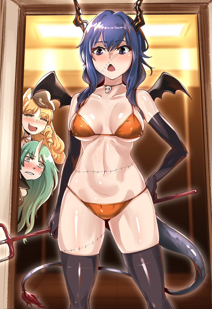 2girls animal_ears arknights bare_shoulders bikini black_gloves black_headwear blonde_hair blue_eyes blue_hair blush breasts ch'en_(arknights) choker collarbone commentary_request cowboy_shot dragon_horns dragon_tail elbow_gloves fake_wings fitting_room gloves green_eyes green_hair hair_between_eyes halloween highres holding holding_weapon horns hoshiguma_(arknights) indoors large_breasts long_hair moto_toshi multiple_girls navel orange_bikini polearm single_horn standing stitches stomach swimsuit swire_(arknights) tail thighhighs thighs tiger_ears trident trying_on_clothes weapon wings