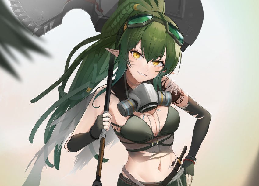 arknights beruko14 blurry blurry_background blush breasts elbow_gloves female fingerless_gloves gavial_(arknights) gavial_the_invincible_(arknights) gloves goggles goggles_on_head green_gloves green_hair hand_on_own_hip highres long_hair looking_at_viewer navel parted_lips pointy_ears ponytail smile solo weapon yellow_eyes