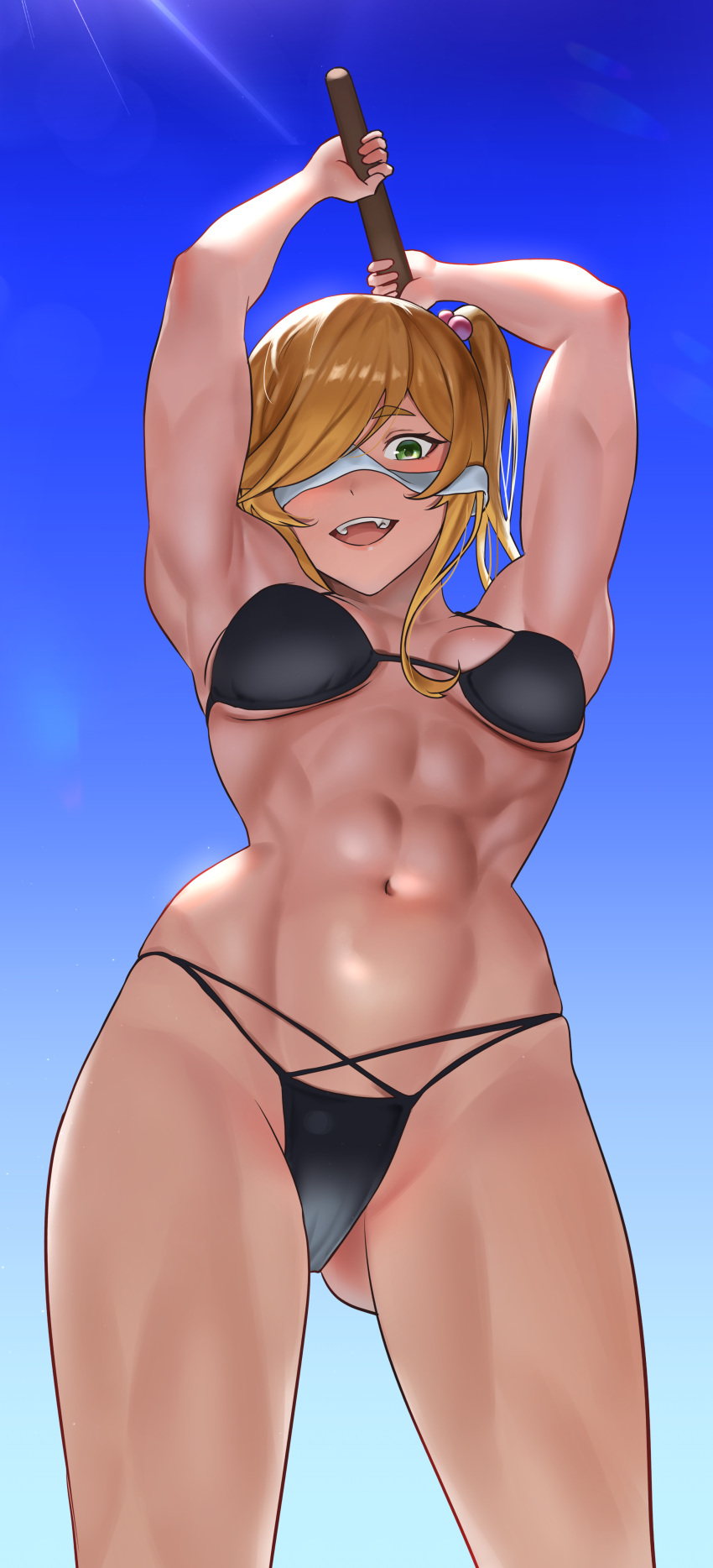 abs absurdres arms_up ass_visible_through_thighs bikini black_bikini blindfold blindfold_slip blonde_hair blue_sky breasts commission day female green_eyes highres holding inuyama_aoi looking_at_viewer medium_hair muscular muscular_female navel open_mouth outdoors pixiv_commission sibo side_ponytail sky small_breasts solo swimsuit yurucamp