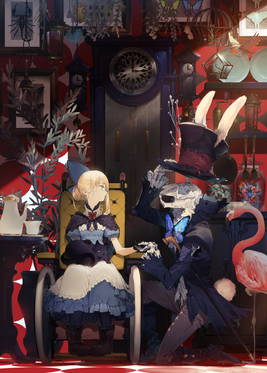 absurdres alice_(alice_in_wonderland) alice_in_wonderland animal_hat animal_skull apron bird birdcage black_cat black_coat black_footwear black_gloves blonde_hair blue_bow blue_butterfly blue_dress blue_eyes boots bow brown_footwear bug butterfly butterfly_bowtie cage cane clock closed_mouth coat cup dress european_robin feline female flamingo gloves grandfather_clock grey_pants hairbow hand_up hat hat_tip highres holding_hands insect_collection luna_moth one_knee pants pigeon-toed plant plate potted_plant profile puffy_short_sleeves puffy_sleeves ryota-h scorpion shelf shoes short_sleeves sitting skeleton teacup teapot top_hat torn_coat wall_clock wheelchair white_apron white_rabbit_(alice_in_wonderland)