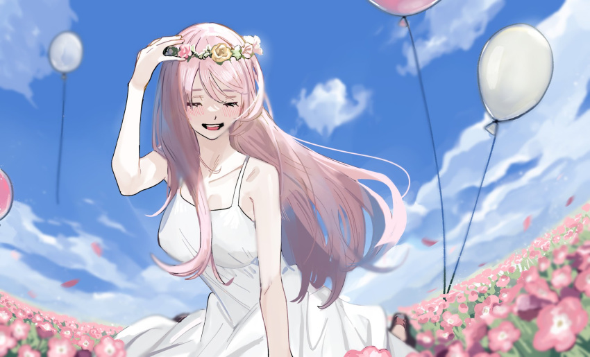 balloon blue_sky blush closed_eyes cloud commentary day dress female field fisheye flower flower_field flower_wreath hand_up highres just_be_friends_(vocaloid) long_hair megurine_luka open_mouth outdoors petals pink_flower pink_hair sitting sky smile solo soyaka spaghetti_strap sundress vocaloid white_dress wreath