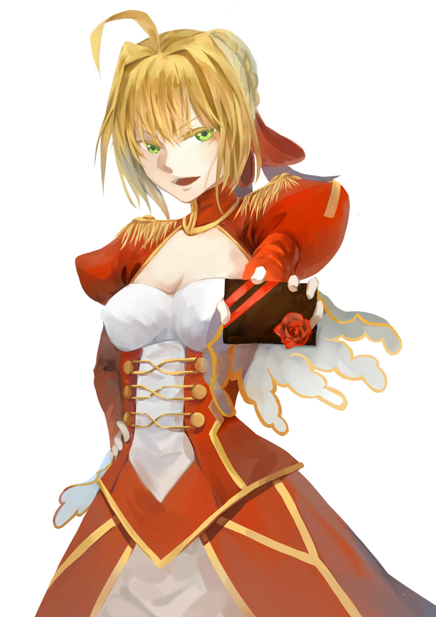 absurdres ahoge blonde_hair breasts cleavage commentary_request dress epaulettes fate/extra fate_(series) female gift green_eyes hair_intakes hair_ribbon highres incoming_gift juliet_sleeves long_sleeves nero_claudius_(fate) nero_claudius_(fate/extra) puffy_sleeves red_dress ribbon solo white2013