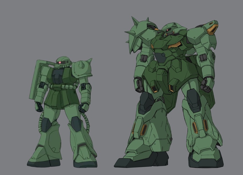 alternate_color grey_eyes gundam gundam_hathaway's_flash hiwa_industry looking_ahead mecha messer_(mobile_suit) mobile_suit mobile_suit_gundam one-eyed purple_eyes robot science_fiction size_comparison standing zaku_ii