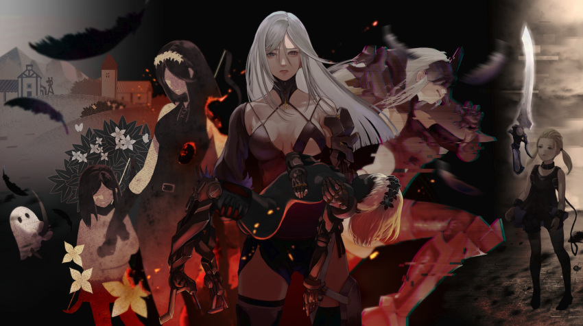 6+girls age_progression bare_shoulders belt black_dress black_hair blonde_hair breasts building burning carrying cleavage corpse cowboy_shot cuffs cyborg dress faceless faceless_female fio_(nier) flower frenlyse gauss_<bokashi grey_eyes hair_between_eyes head_wreath heterochromia hill holding_another's_arm long_hair mama_(nier) mechanical_arms mechanical_legs mountain multiple_girls nier_(series) nier_reincarnation parted_bangs princess_carry prosthesis prosthetic_arm prosthetic_leg red_eyes running shirt sleeveless sleeveless_shirt spoilers sword twintails weapon white_hair