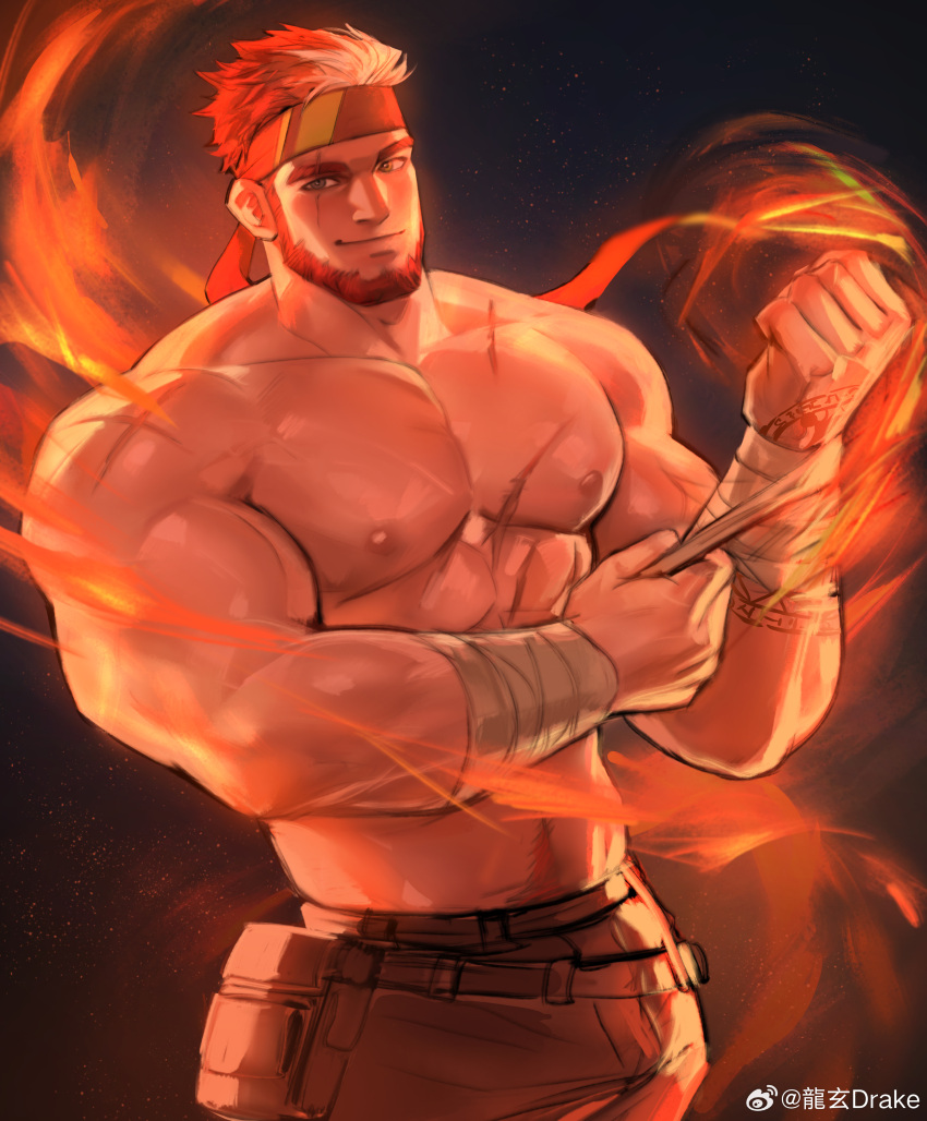 1boy absurdres applying_bandages bandaged_arm bandages bara beard closed_mouth collarbone cowboy_shot dopey_(dopq) facial_hair headband highres indie_virtual_youtuber light_smile looking_at_viewer male_focus multicolored_hair muscular muscular_male navel navel_hair nipples pectorals red_hair ryuugen_drake scar scar_across_eye scar_on_chest second-party_source solo streaked_hair topless_male v-taper virtual_youtuber