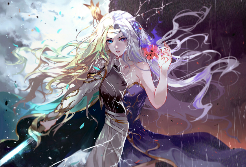 armor black_shirt blonde_hair blue_dress blue_eyes blurry blurry_background collarbone commentary_request cygnus_(maplestory) dress female floating_hair hair_intakes heterochromia highres holding holding_sword holding_weapon long_hair long_sleeves looking_at_viewer maplestory parted_lips photoshop_(medium) purple_eyes rain shirt shoulder_armor sleeveless sleeveless_dress solo standing striped_clothes striped_dress sword vardan very_long_hair weapon white_hair