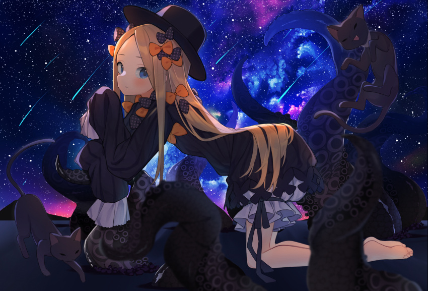 abigail_williams_(fate) barefoot black_bow black_cat black_dress black_hat blonde_hair bloomers blue_eyes blush bow breasts dress fate/grand_order fate_(series) feline female forehead hairbow hat highres lazu0721 long_hair long_sleeves looking_at_viewer meteor_shower multiple_hair_bows nebula night night_sky orange_bow parted_bangs ribbed_dress shooting_star sky sleeves_past_fingers sleeves_past_wrists small_breasts solo star_(sky) starry_sky tentacle underwear white_bloomers