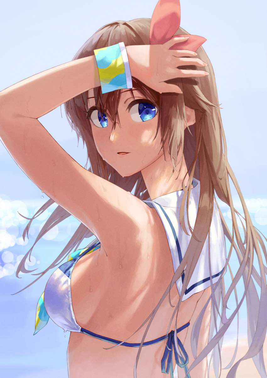 armpits bare_shoulders bikini blue_eyes breasts brown_hair commentary_request female from_behind from_side hair_flaps hair_ribbon highres holding holding_own_hair hololive long_hair looking_back looking_to_the_side makimaki_makky7 medium_breasts official_alternate_costume parted_lips red_ribbon ribbon sailor_bikini sailor_collar sideboob solo string_bikini swimsuit tokino_sora tokino_sora_(hololive_summer_2019) upper_body virtual_youtuber wet wet_hair white_sailor_collar wrist_cuffs