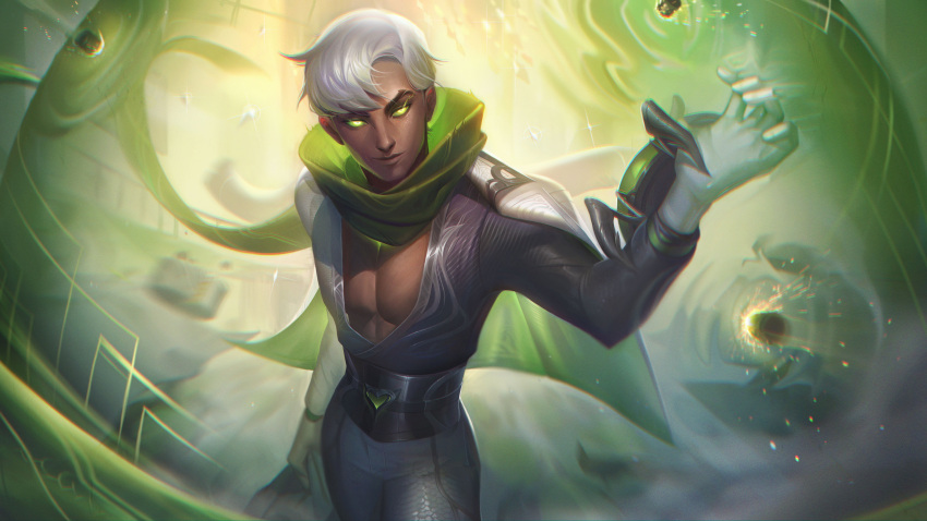 1boy absurdres alternate_costume cape cowboy_shot glowing glowing_eyes green_cape green_scarf grey_hair hand_up highres league_of_legends looking_at_viewer male_focus malzahar scarf smile solo toned toned_male vincent_t_(oriaarts) white_cape