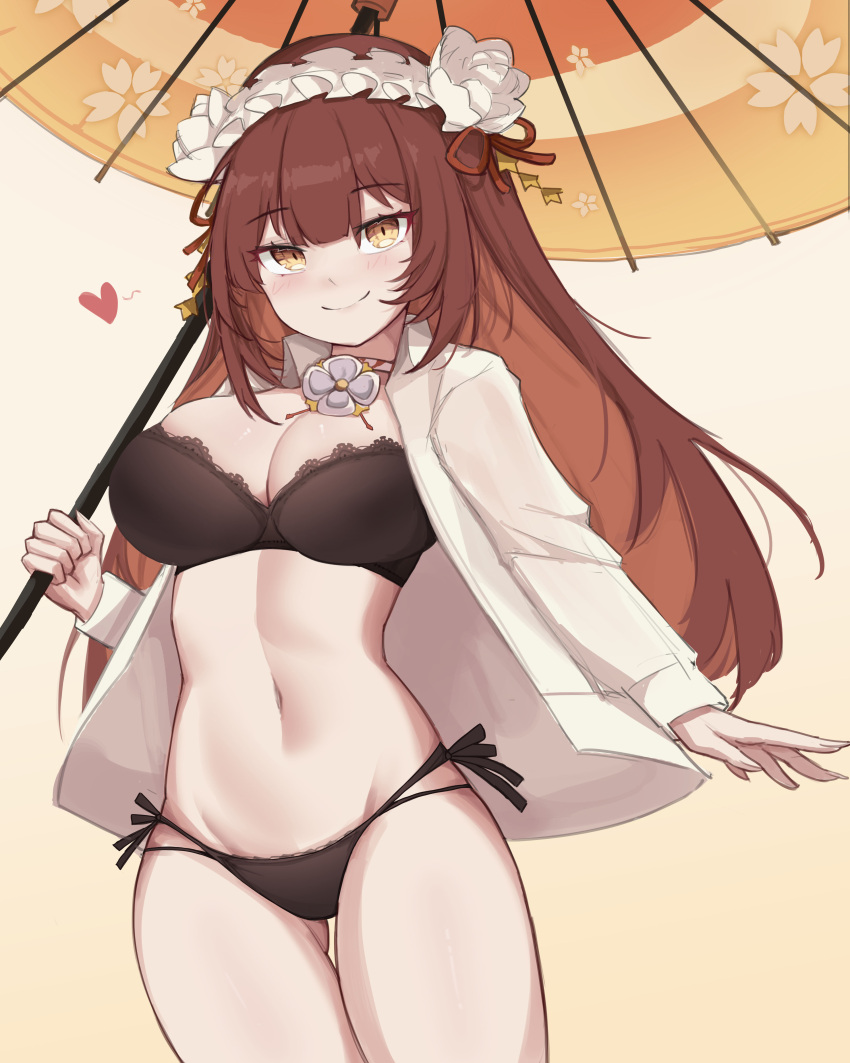 absurdres black_bra black_panties bra breasts brown_hair cleavage commentary exorcist_miya female frilled_hairband frills guardian_tales hairband heart highres holding holding_umbrella jacket large_breasts long_hair looking_at_viewer navel open_clothes open_jacket panties simple_background sliverdog smile umbrella underwear yellow_eyes