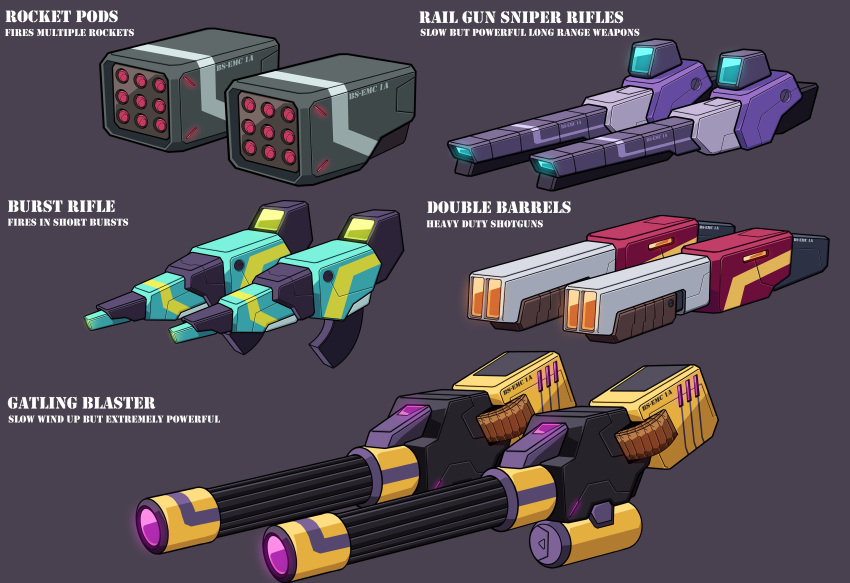 absurdres commentary energy_weapon english_commentary english_text gatling_gun grey_background gun highres lextodrawstuff missile_pod no_humans original rifle science_fiction shotgun weapon weapon_focus