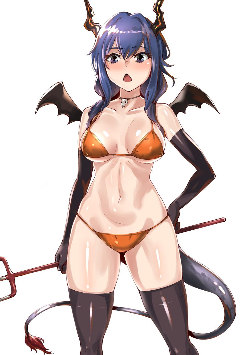 arknights bare_shoulders bikini black_gloves blue_eyes blue_hair blush breasts ch'en_(arknights) choker collarbone commentary_request cowboy_shot dragon_horns dragon_tail elbow_gloves fake_wings female gloves hair_between_eyes highres holding holding_weapon horns large_breasts long_hair moto_toshi navel orange_bikini polearm simple_background solo standing stomach swimsuit tail thighhighs thighs trident weapon white_background wings