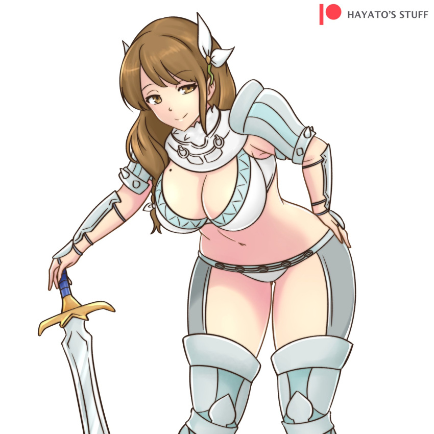 alternate_costume armor bikini_armor braid braided_ponytail breasts brown_hair charlotte_(fire_emblem) charlotte_(fire_emblem)_(cosplay) cleavage cosplay cowboy_shot female fire_emblem fire_emblem_engage fire_emblem_fates goldmary_(fire_emblem) hair_ornament hair_ribbon hand_on_own_hip hayato_stuff highres hip_armor large_breasts leaning_forward long_hair looking_at_viewer low_ponytail mole mole_on_breast navel panties patreon_logo patreon_username pauldrons planted planted_sword ribbon shoulder_armor smile solo standing sword underwear weapon white_background white_panties white_ribbon yellow_eyes