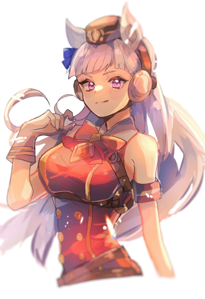 animal_ears blue_ribbon blunt_bangs blurry breasts buttons chiro_(chi-bu-ko) cropped_torso depth_of_field dress female gloves gold_ship_(umamusume) grey_hair hair_ribbon highres horse_ears horse_girl long_hair pillbox_hat purple_eyes red_dress red_ribbon ribbon simple_background sleeveless sleeveless_dress solo tongue tongue_out umamusume upper_body