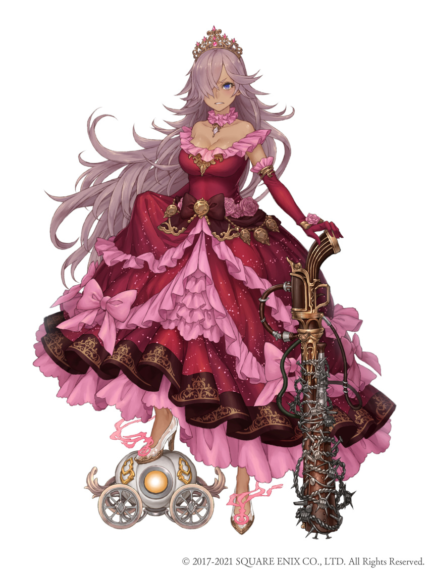 absurdres antique_firearm barbed_wire blue_eyes blunderbuss bow breasts choker cinderella_(sinoalice) dark_skin dress elbow_gloves female frilled_dress frills full_body glass_slipper gloves gun hair_over_one_eye high_heels highres ji_no large_breasts long_hair looking_at_viewer official_art purple_hair red_dress red_gloves scowl sinoalice skirt_hold solo spiked_bat square_enix standing_on_object tiara very_long_hair wagon waist_bow weapon white_background