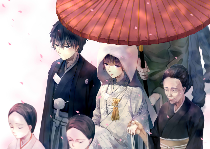 1boy absurdres black_hair blunt_bangs chitanda_eru commentary_request female highres hood husband_and_wife hyouka japanese_clothes kimono oreki_houtarou parasol purple_eyes sayagata shared_umbrella straight uchikake umbrella wataboushi wedding white2013