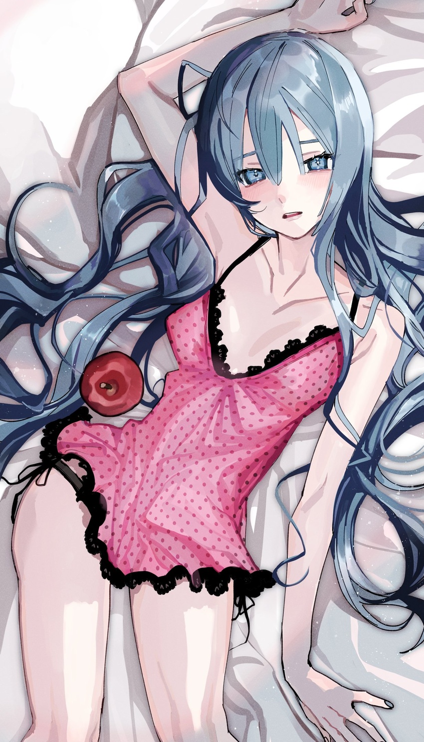 apple aqua_eyes aqua_hair aqua_nails bare_arms bare_legs bare_shoulders bed_sheet black_panties blush breasts camisole collarbone commentary contrapposto cowboy_shot dress female food from_above fruit hair_spread_out half-closed_eyes hand_up hatsune_miku highres lace-trimmed_camisole lace_trim lingerie long_hair looking_at_viewer lying messy_hair nail_polish on_back on_bed open_mouth pale_skin panties pink_camisole pink_dress polka_dot polka_dot_camisole polka_dot_dress red_apple romeo_to_cinderella_(vocaloid) side-tie_panties skinny small_breasts solo soyaka spaghetti_strap twintails underwear very_long_hair vocaloid