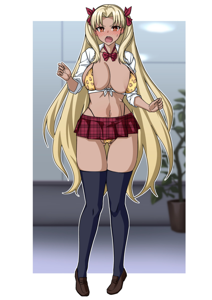 alternate_costume amesuku_gyaru animal_print ass_visible_through_thighs bikini black_thighhighs blonde_hair breasts brown_footwear collared_shirt commentary_request contemporary dark-skinned_female dark_skin ereshkigal_(fate) ereshkigal_alter_(fate) fate/grand_order fate_(series) female full_body gyaru hair_ribbon highleg highleg_bikini highres kogal leopard_print loafers long_hair long_sleeves looking_at_viewer medium_breasts microskirt miniskirt muta_poo open_mouth parted_bangs plaid plaid_skirt red_eyes red_skirt ribbon shirt shoes skirt solo swimsuit thighhighs tied_shirt two_side_up white_shirt yellow_bikini