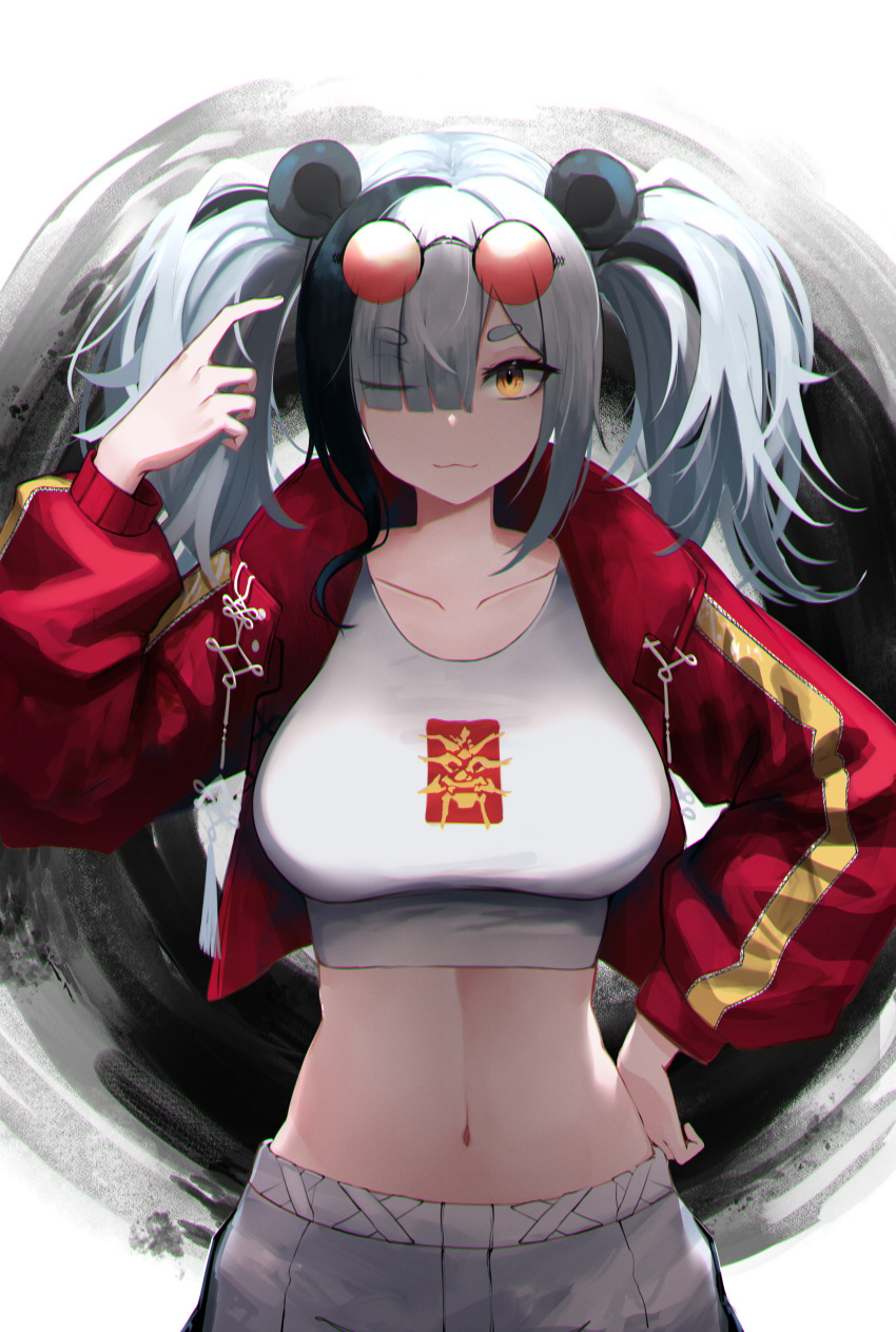 ;3 absurdres animal_ears arknights black_hair blunt_bangs breasts collarbone commentary crop_top cropped_jacket eyewear_on_head feater_(arknights) feater_(gourmet)_(arknights) female grey_hair hand_on_own_hip hand_up highres jacket kakuma large_breasts long_sleeves looking_at_viewer midriff multicolored_hair navel official_alternate_costume one_eye_closed panda_ears pants red_jacket shirt smile solo stomach streaked_hair sunglasses t-shirt thick_eyebrows twintails upper_body white_pants white_shirt yellow_eyes