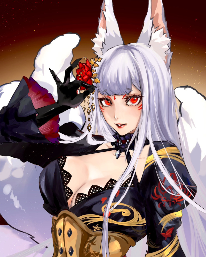 animal_ear_fluff animal_ears black_dress black_gloves breasts cleavage dress female fingernails flower fox_ears fox_girl gloves hair_flower hair_ornament highres large_breasts long_hair long_sleeves looking_at_viewer nijisanji nijisanji_en nina_kosaka nina_kosaka_(2nd_costume) parted_lips red_eyes red_flower sharp_fingernails solo upper_body virtual_youtuber white_hair wide_sleeves zheng_wu