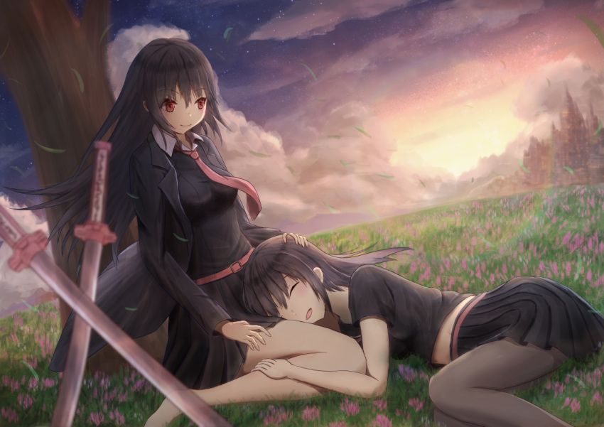 2girls akame akame_ga_kill! aliasing kurome_(akame_ga_kill!) sleeping tagme_(artist)