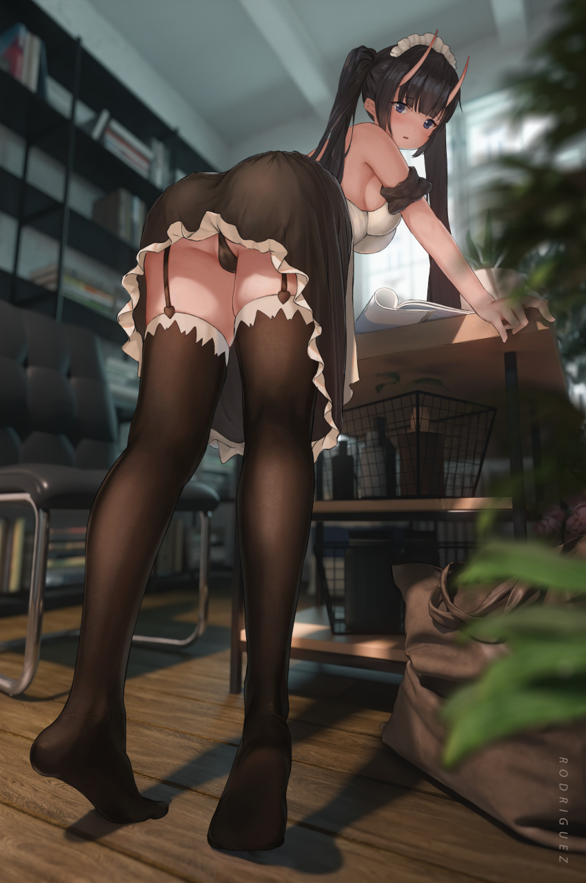 absurdres apron artist_name ass azur_lane black_dress black_garter_straps black_hair black_panties black_thighhighs blurry blurry_foreground blush breasts chair chinese_commentary commentary_request dress english_commentary female from_behind from_below full_body garter_straps highres horns leaning_forward long_hair looking_at_viewer maid_apron medium_breasts mixed-language_commentary no_shoes noshiro_(azur_lane) noshiro_(hold_the_ice)_(azur_lane) official_alternate_costume oni_horns panties pantyshot purple_eyes rodriguez_(kamwing) shadow sleeveless sleeveless_dress solo thighhighs twintails underwear white_apron wooden_floor