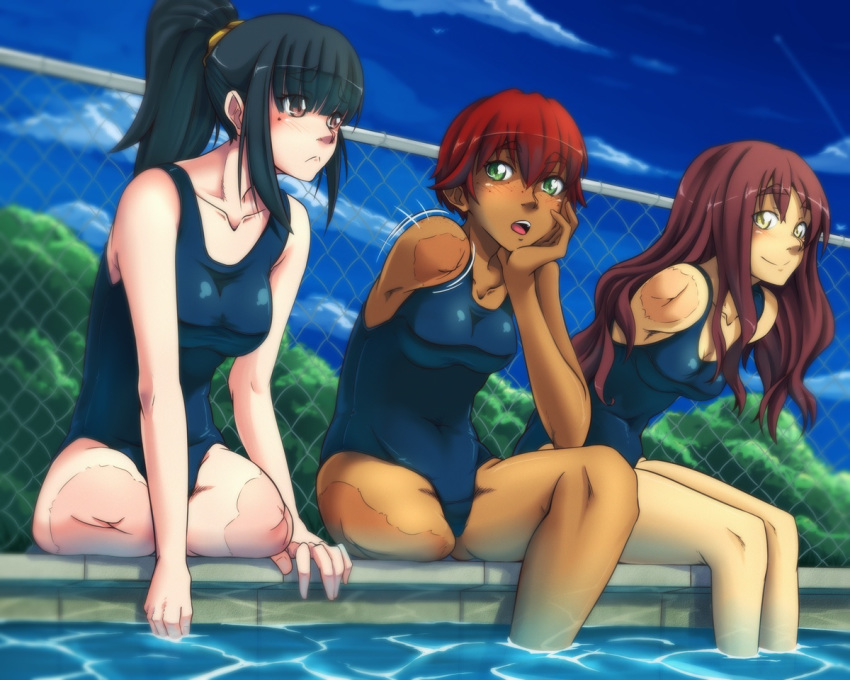 3girls :< amputee black_hair blue_one-piece_swimsuit blunt_bangs blush breasts brown_eyes caustics chain-link_fence cloud collarbone commentary contrail covered_navel dark-skinned_female dark_skin dated_commentary day double_amputee english_commentary eyes_visible_through_hair fence freckles frown gammatelier green_eyes hair_between_eyes hair_over_eyes head_rest high_ponytail leaning_forward legs_together long_hair looking_at_another looking_away medium_breasts mole mole_under_eye motion_lines multiple_girls one-piece_swimsuit open_mouth original outdoors ponytail pool poolside red_hair scar school_swimsuit short_hair side-by-side sitting sky smile soaking_feet swimsuit tree water yellow_eyes