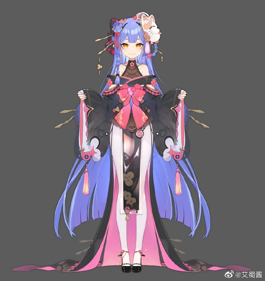 azusa_(vtuber) azusa_official blue_hair bow braid braided_hair_rings closed_mouth commentary detached_sleeves dress female flower full_body grey_background hair_flower hair_ornament hair_ribbon hair_rings hair_stick hands_up kiyomasa_ren long_hair mask mask_on_head nijisanji official_art orange_eyes pantyhose pelvic_curtain ribbon see-through shoes side_braid simple_background smile solo standing symbol-only_commentary tachi-e two-sided_fabric very_long_hair virtual_youtuber virtuareal weibo_logo weibo_watermark wide_sleeves