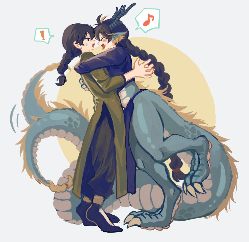 2boys androgynous animal_feet animal_hands bifuteki_(bi_futeki) black_hair blonde_hair braid braided_ponytail braided_tail changpao chinese_clothes claws commentary_request dragon_boy dragon_ears eastern_dragon_horns eastern_dragon_tail full_body highres hug long_hair male_focus monster_boy multicolored_hair multiple_boys oerba_yun_fang original pelvic_curtain simple_background standing standing_on_one_leg streaked_hair tail tail_wagging tiptoes tongue tongue_out very_long_hair very_long_tail yellow_background