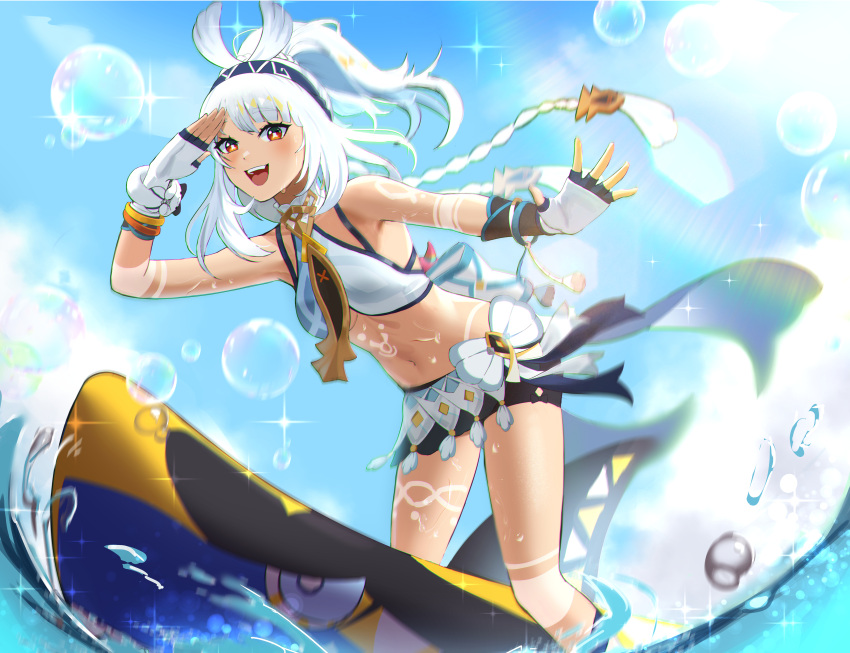 :d absurdres anoreika_tomoe bare_shoulders blue_sky breasts bubble crop_top dark_skin day female fingerless_gloves genshin_impact gloves highres long_hair midriff mualani_(genshin_impact) navel open_mouth red_eyes sky smile solo stomach white_gloves white_hair