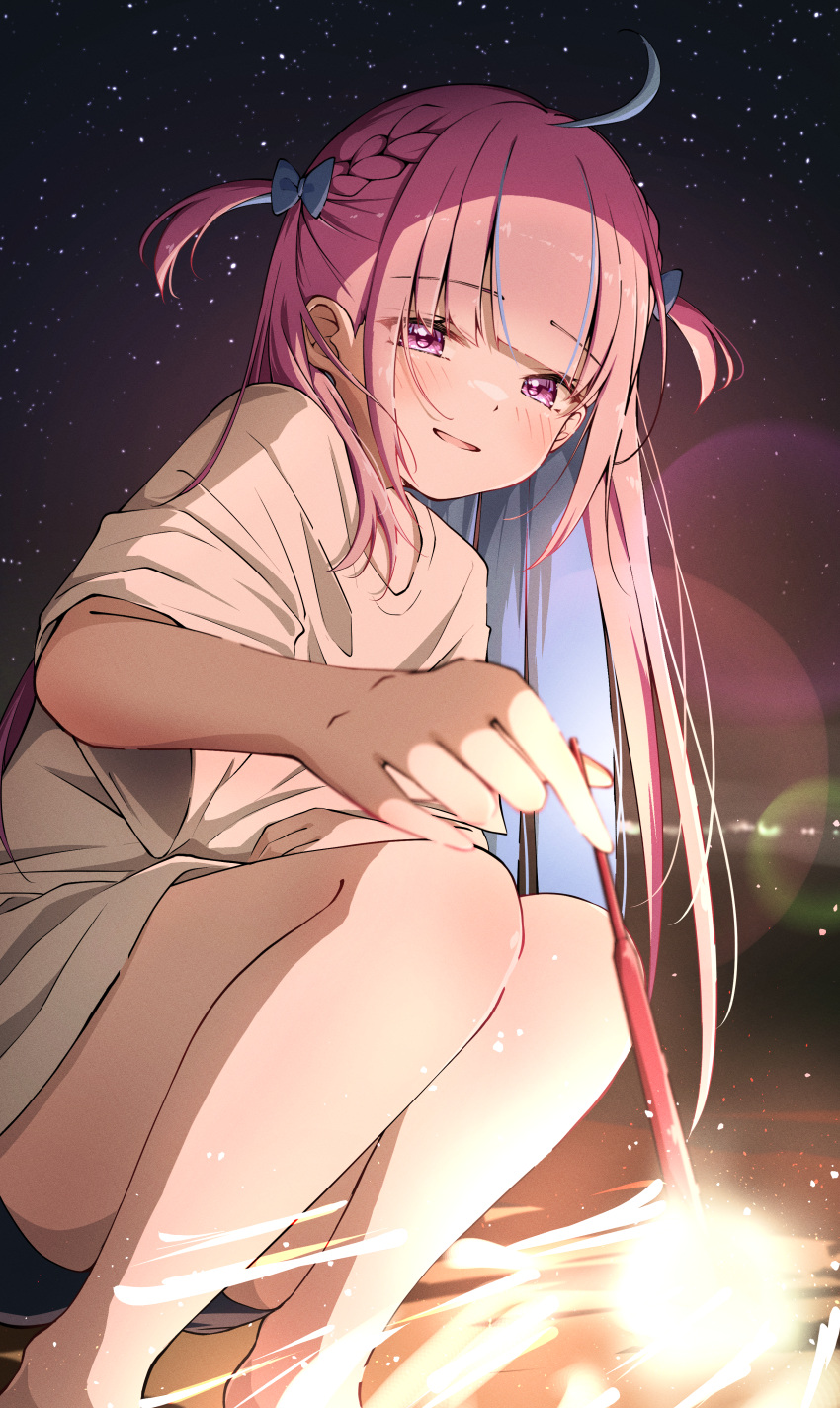 absurdres ahoge blue_bow blue_hair blush bow braid colored_inner_hair commentary female fireworks hairbow highres holding holding_fireworks hololive legs lens_flare long_hair looking_at_viewer minato_aqua multicolored_hair night night_sky open_mouth pink_eyes pink_hair senkou_hanabi shirt sky smile solo sparkler squatting star_(sky) starry_sky streaked_hair t4n4k4_no_yosei thighs two-tone_hair two_side_up virtual_youtuber white_shirt