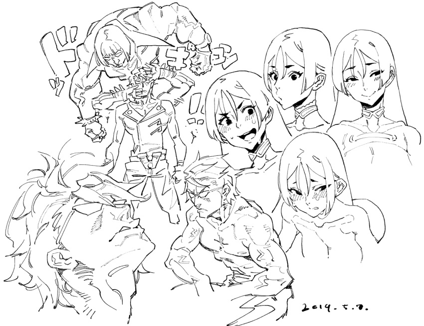 ! !! 2boys bracelet breasts character_request closed_mouth collarbone commentary_request cowboy_shot dated dated_commentary facing_to_the_side fate/grand_order fate_(series) female greyscale ireading jacket jewelry jojo_pose large_breasts light_blush line_art long_bangs long_hair looking_at_viewer looking_to_the_side looking_up medium_hair minamoto_no_raikou_(fate) monochrome multiple_boys multiple_views muscular muscular_male open_mouth pants parody portrait sakata_kintoki_(fate) sidelocks simple_background smile spiked_bracelet spikes stand_(jojo) straight_hair sunglasses sweat upper_body watch white_background wristwatch