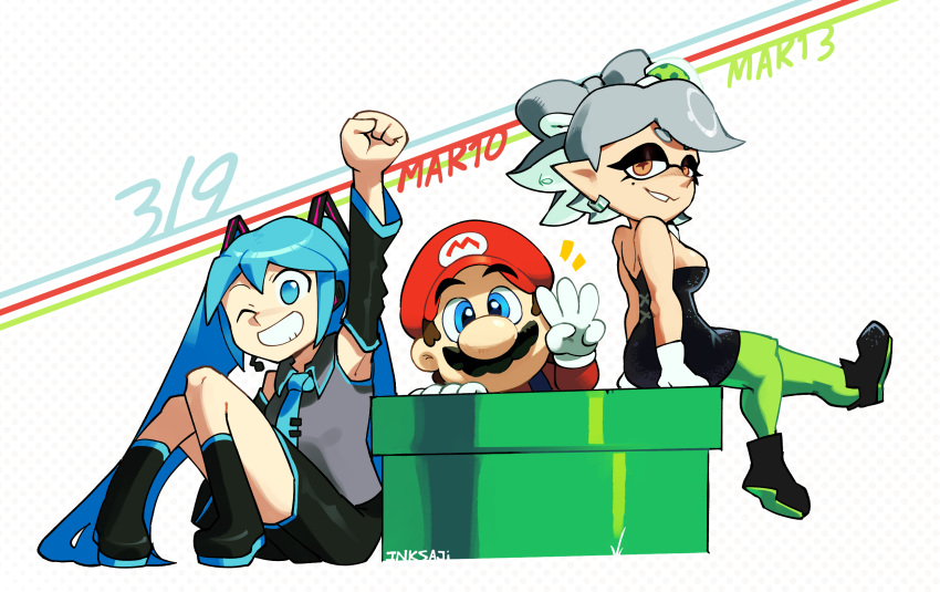 1boy 2girls armpits bare_shoulders black_footwear blue_eyes blue_hair blue_necktie boots brown_hair commentary crossover dated detached_sleeves dress facial_hair gloves green_leggings grey_hair hat hatsune_miku highres inktaru leggings long_hair marie_(splatoon) mario mario_(series) mario_day miku_day miniskirt mole mole_under_eye moustache multiple_crossover multiple_girls necktie one_eye_closed orange_eyes raised_fist shirt short_dress sitting skirt sleeveless sleeveless_shirt splatoon_(series) splatoon_1 strapless strapless_dress tentacle_hair twintails very_long_hair vocaloid warp_pipe white_gloves