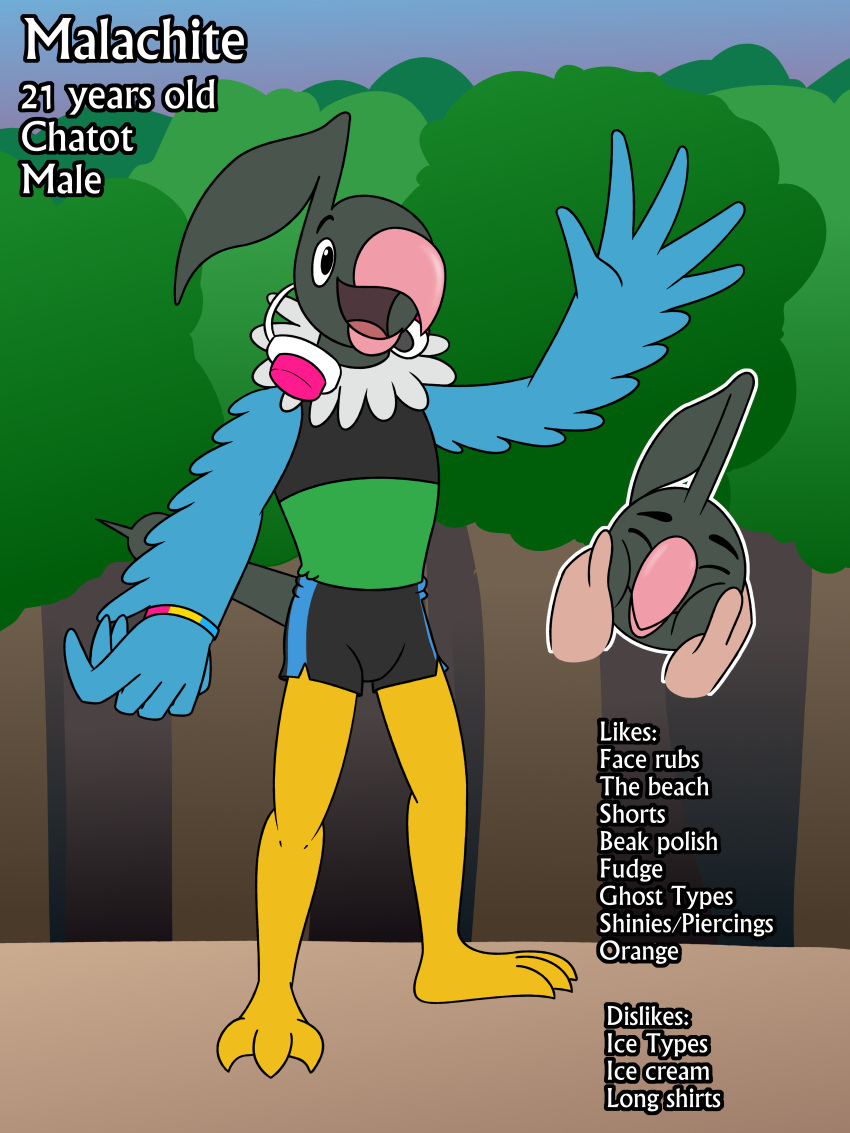 aaron_amethyst absurd_res anthro beak blue_body chatot electronics feet generation_4_pokemon green_body headphones headphones_around_neck hi_res lgbt_pride malachite_(aaron_amethyst) male model_sheet nintendo open_mouth pansexual_pride_colors pink_beak plant pokemon pokemon_(species) pride_colors smile solo talons toes tongue tree