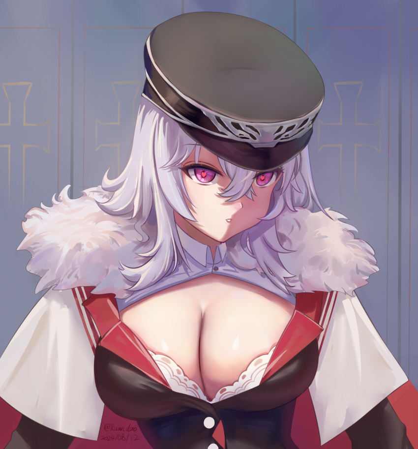 2024 artist_name azur_lane black_jacket breasts capelet cleavage female fur-trimmed_capelet fur_trim graf_zeppelin_(azur_lane) heart heart-shaped_pupils highres jacket large_breasts long_sleeves looking_at_viewer purple_eyes ruan_dao solo symbol-shaped_pupils upper_body white_capelet