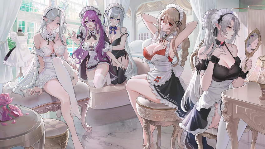 5girls :o adjusting_hair ao_la_xing apron arm_support armpits arms_up bare_legs bare_shoulders barefoot behind_another black_choker black_dress black_ribbon black_thighhighs blue_bow blue_bowtie bow bowtie bra braid braided_bun braided_ponytail breasts brown_hair character_request choker cleavage clothes_pull cosmetics curtains day detached_collar dress dress_pull feet_out_of_frame foot_out_of_frame frilled_apron frilled_thighhighs frills from_side full_body garter_straps gloves grabbing_another's_breast grey_eyes grey_hair groping hair_bun hair_tie_in_mouth highres holding holding_lipstick_tube holding_mirror indoors kneeling lamp large_breasts leg_up lipstick_tube long_braid looking_at_viewer maid maid_headdress mannequin marble_(stone) marble_floor medium_breasts mirror mouth_hold multiple_girls neck_ribbon no_shoes official_art on_stool outstretched_arm outstretched_hand pointy_ears profile puffy_short_sleeves puffy_sleeves purple_eyes purple_hair red_bra red_eyes red_ribbon reflection ribbon ribbon_in_mouth short_sleeves single_thighhigh sitting sleeveless sleeveless_dress spaghetti_strap strapless strapless_dress table thighhighs tying_hair underwear waist_apron white_apron white_bow white_bowtie white_dress white_gloves white_thighhighs window yellow_eyes