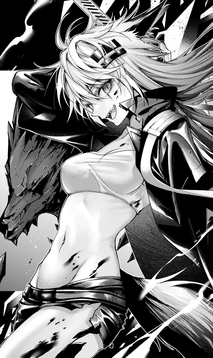 absurdres arknights bandeau blood blood_on_face blood_on_leg blood_on_stomach coat cowboy_shot crop_top female greyscale groin hair_ornament hairclip hashtag-only_commentary highres lappland_(arknights) long_hair looking_at_viewer material_growth midriff monochrome navel open_clothes open_coat open_mouth oripathy_lesion_(arknights) scar scar_across_eye senju_yosiyuki sharp_teeth shorts smile solo tail teeth upper_teeth_only wolf_girl wolf_tail