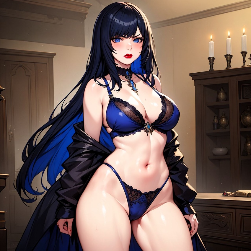 1girls ai_generated black_hair black_lingerie blue_eyes blue_hair blue_lingerie blush blushing_at_viewer candle candles collar final_fantasy final_fantasy_xiv gaia_(ffxiv) lingerie lipstick pale-skinned_female pale_skin ponzuaji square_enix thick_thighs undressing