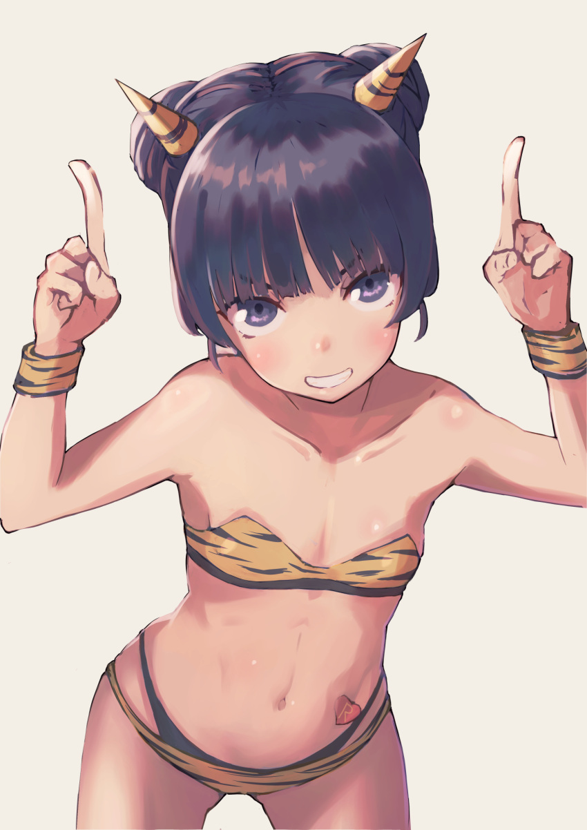 animal_print bikini black_eyes black_hair blunt_bangs blush cowboy_shot double_bun flat_chest grin hair_bun heart heart_tattoo highres himenogi_rinze index_fingers_raised linea_alba looking_at_viewer love_r navel oni saisho_no_nakama sidelocks simple_background smile stomach_tattoo strapless strapless_bikini swimsuit tattoo tiger_print white_background wristband