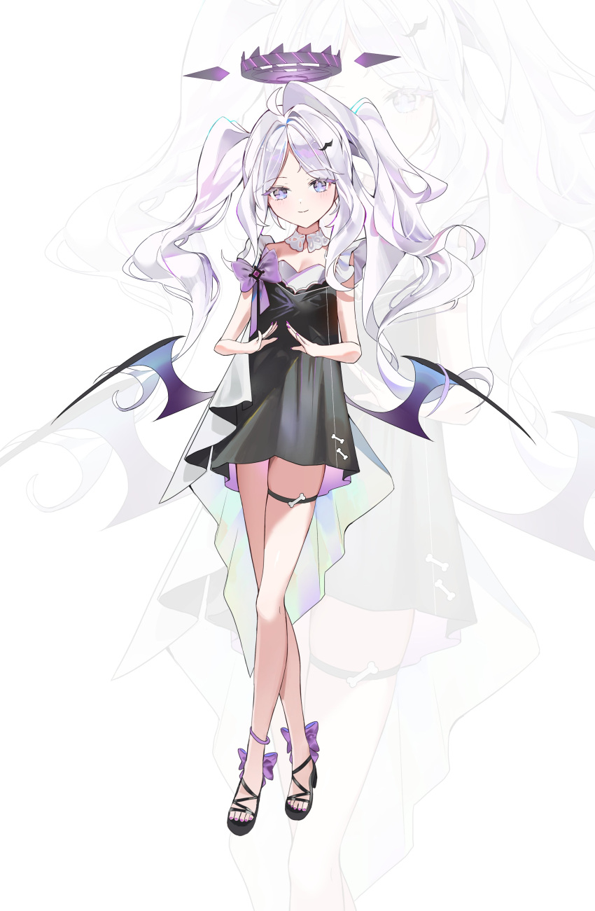 absurdres ahoge alternate_costume alternate_eye_color alternate_hairstyle anklet black_dress black_wings blue_archive closed_mouth crossed_legs curly_hair demon_wings dress female full_body halo hashtag-only_commentary highres hina_(blue_archive) jewelry light_smile looking_at_viewer low_wings multicolored_eyes no_horns r_aeel sandals solo spiked_halo tachi-e thigh_strap twintails watson_cross white_hair wings zoom_layer