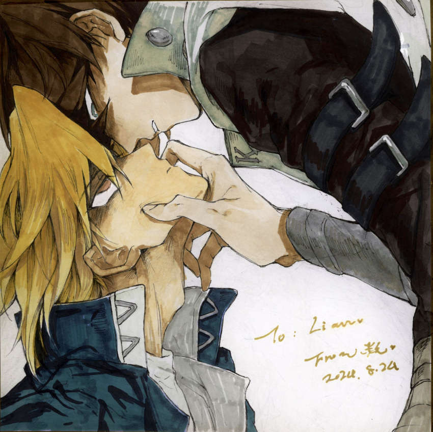 2boys arm_strap black_shirt blonde_hair blue_eyes blue_jacket bright_pupils brown_eyes brown_hair cheek_pinching coat commentary_request dated domino_high_school_uniform expressionless half-closed_eyes hand_on_another's_face hand_up high_collar highres jacket jonouchi_katsuya kaiba_seto long_sleeves looking_down looking_up male_focus marker_(medium) multiple_boys no_pupils noses_touching open_clothes open_jacket parted_lips pinching school_uniform shirt short_hair signature sleeveless sleeveless_coat suzuri513 traditional_media upper_body vambraces white_coat white_shirt yaoi yu-gi-oh! yu-gi-oh!_duel_monsters