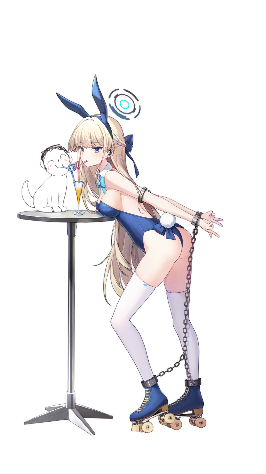 absurdres animal_ears arms_behind_back blue_archive bound bound_legs breasts cuffs double_v drinking_straw flying_nimbus handcuffs highres juice okazakileo playboy_bunny rabbit_ears restrained roller_skates shackles skates table toki_(blue_archive) toki_(bunny)_(blue_archive) transparent_background v