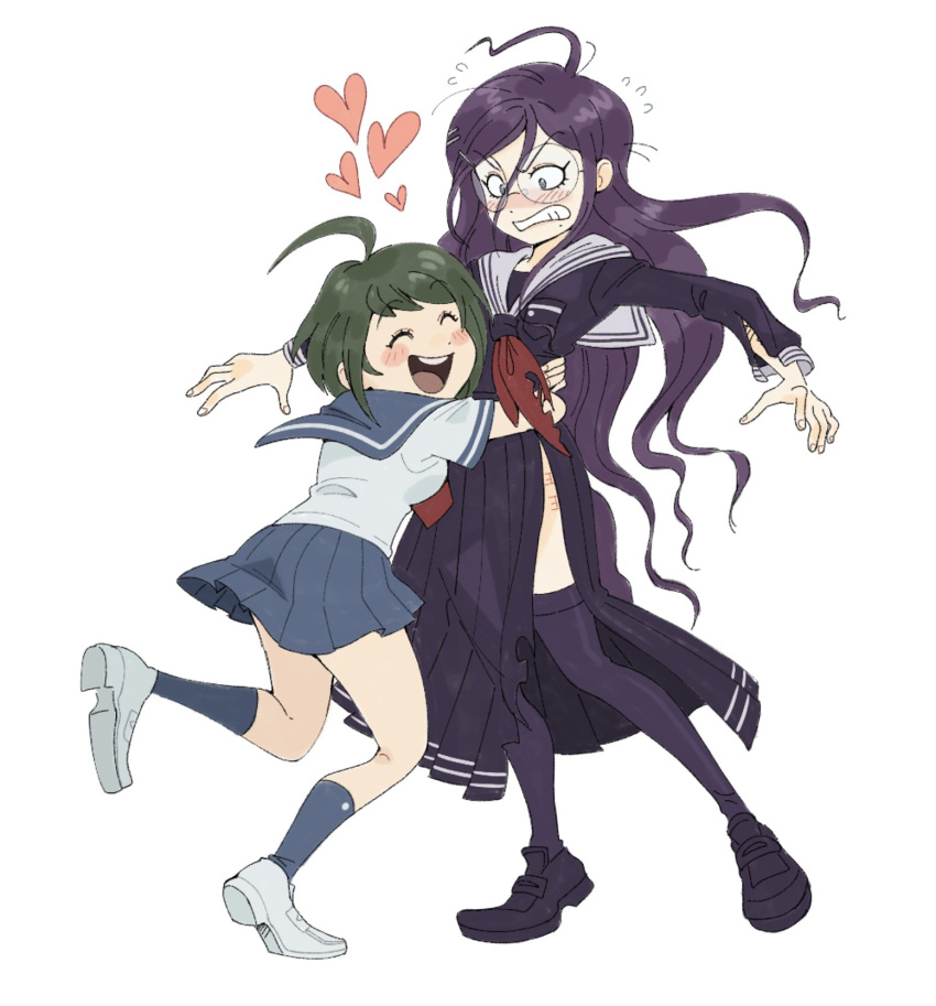 2girls ahoge blue_sailor_collar blue_skirt blue_socks blush clenched_teeth closed_eyes commentary danganronpa_(series) danganronpa_another_episode:_ultra_despair_girls embarrassed english_commentary fukawa_toko glasses green_hair heart highres hug kiana_mai long_hair long_skirt long_sleeves messy_hair multiple_girls naegi_komaru neckerchief open_mouth pleated_skirt purple_serafuku purple_thighhighs red_neckerchief sailor_collar school_uniform serafuku shirt short_hair short_sleeves side_slit simple_background skirt smile socks teeth thighhighs white_background white_footwear white_sailor_collar white_shirt yuri