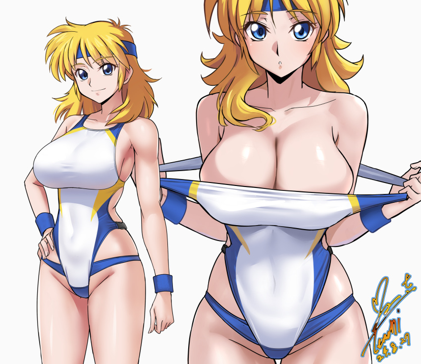 blonde_hair blue_eyes blue_headband blue_wristband breasts cleavage clothes_pull commentary_request commission competition_swimsuit dated female headband highleg highleg_one-piece_swimsuit highres large_breasts lune_zoldark medium_hair multiple_views one-piece_swimsuit one-piece_swimsuit_pull pixiv_commission signature simple_background super_robot_wars swimsuit white_background yoo_tenchi