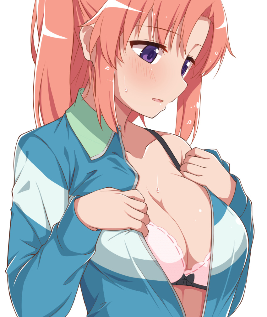 black_bow blue_shirt blush bow bow_bra bra breasts cleavage clothes_pull collarbone collared_shirt commentary_request dou-t female from_side hands_up highres large_breasts long_sleeves looking_down medium_hair mikakunin_de_shinkoukei open_clothes open_mouth open_shirt parted_bangs pink_bra pink_hair ponytail pulling_own_clothes purple_eyes shirt shirt_pull sidelocks simple_background single_bare_shoulder solo sweat tsurime underwear upper_body white_background yonomori_kobeni