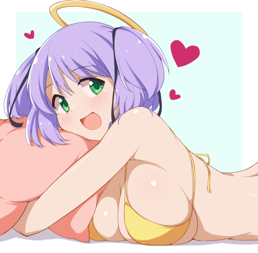 :d angel aqua_background bare_shoulders bikini black_ribbon blush bokusatsu_tenshi_dokuro-chan border breasts commentary_request dou-t eyes_visible_through_hair female from_side green_eyes hair_between_eyes hair_ribbon halo happy heart highres hugging_object large_breasts looking_at_viewer medium_hair mitsukai_dokuro open_mouth outside_border pillow pillow_hug pink_pillow purple_hair ribbon sideboob simple_background skindentation smile solo swimsuit tareme twintails upper_body white_border yellow_bikini yellow_halo