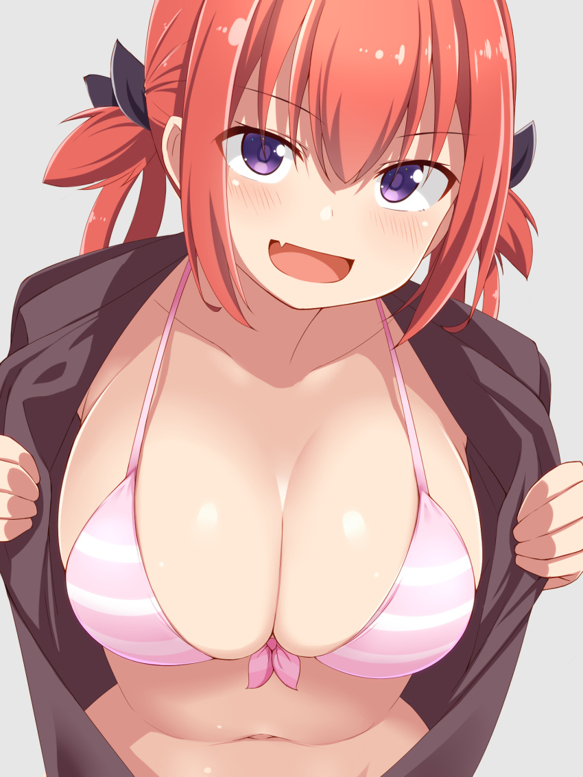 :d bikini bikini_under_clothes black_bow black_shirt bow breasts bright_pupils cleavage clothes_pull collarbone collared_shirt commentary_request curvy dou-t eyes_visible_through_hair female front-tie_bikini_top front-tie_top gabriel_dropout grey_background hair_between_eyes hair_rings hairbow highres large_breasts leaning_forward long_hair looking_at_viewer navel oerba_yun_fang open_clothes open_mouth open_shirt pink_bikini presenting_breasts presenting_swimsuit pulling_own_clothes purple_eyes red_hair sanpaku satanichia_kurumizawa_mcdowell shirt shirt_pull sidelocks simple_background skin_fang skindentation smile smug solo striped_bikini striped_clothes swimsuit tsurime upper_body v-shaped_eyebrows