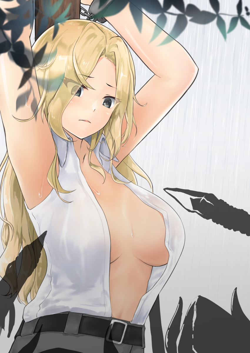 absurdres arms_up blonde_hair breasts female highres hornet_(kancolle) kantai_collection long_hair open_clothes restrained shirt solo terebi- upper_body uss_hornet_(cv-8) white_shirt