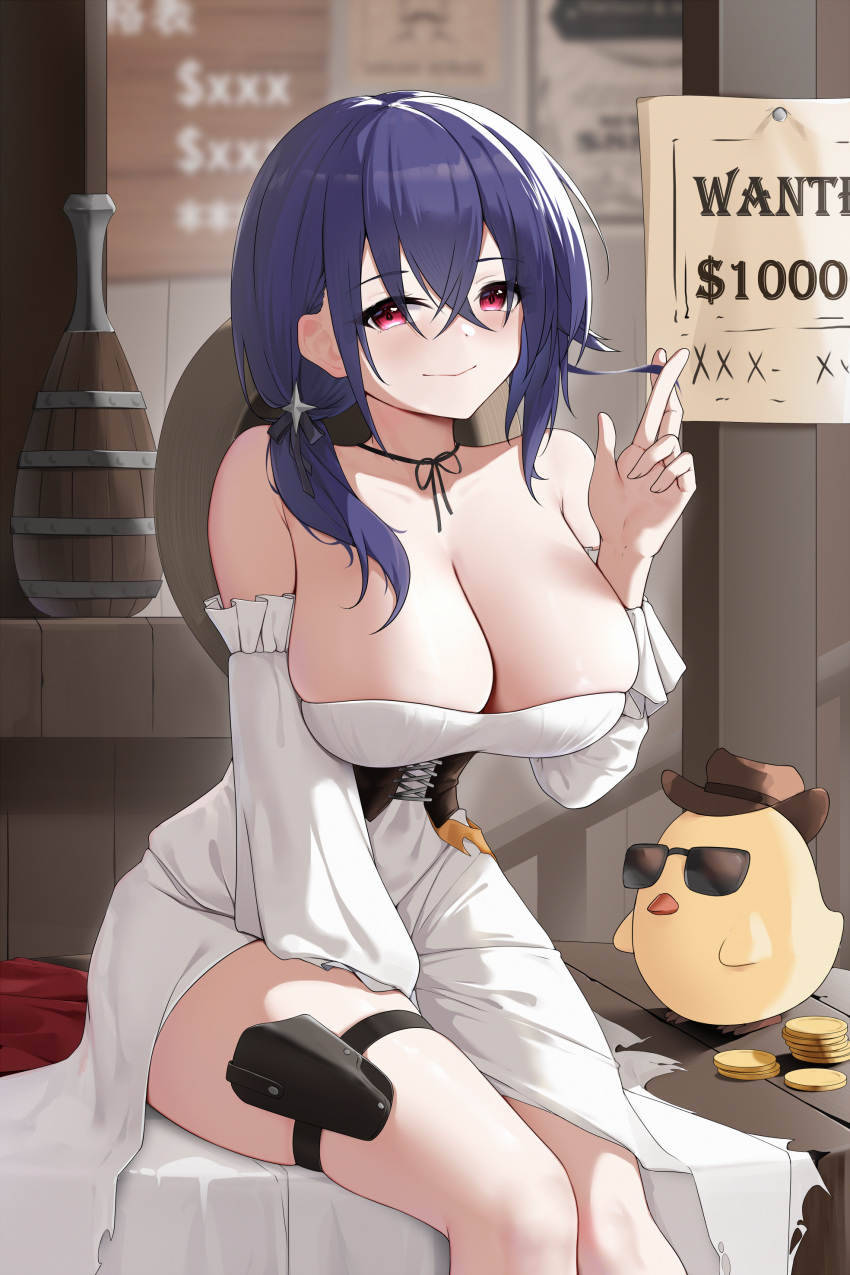 absurdres azur_lane between_legs black_corset blue_hair blush breasts cleavage corset crossed_fingers detached_sleeves dress female hair_between_eyes hair_over_shoulder hand_between_legs hand_up highres holster large_breasts legs_together long_hair manjuu_(azur_lane) pink_eyes pittsburgh_(azur_lane) pittsburgh_(the_bartender's_gambit)_(azur_lane) purple_hair sitting skindentation smile solo strapless strapless_dress thigh_holster thighs wanted_poster white_dress zerotwenty_(020)